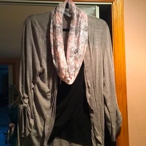 gray 3/4 sleeve cardigan with detachable scarf.